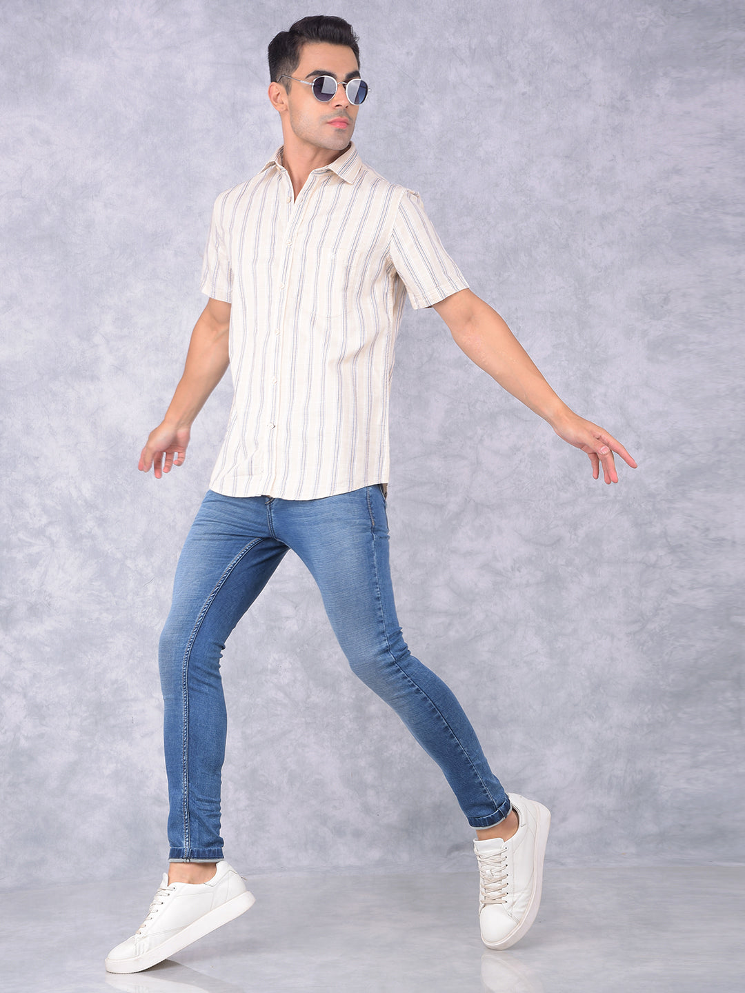Beige Vertical Stripes 100% Cotton Shirt-Men Shirts-Crimsoune Club