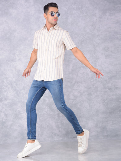 Beige Vertical Stripes 100% Cotton Shirt-Men Shirts-Crimsoune Club