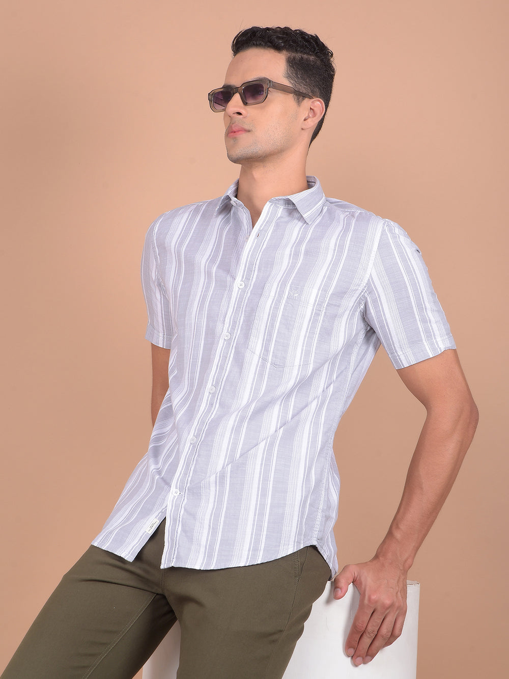 Grey Vertical Stripes 100% Cotton Shirt-Men Shirts-Crimsoune Club