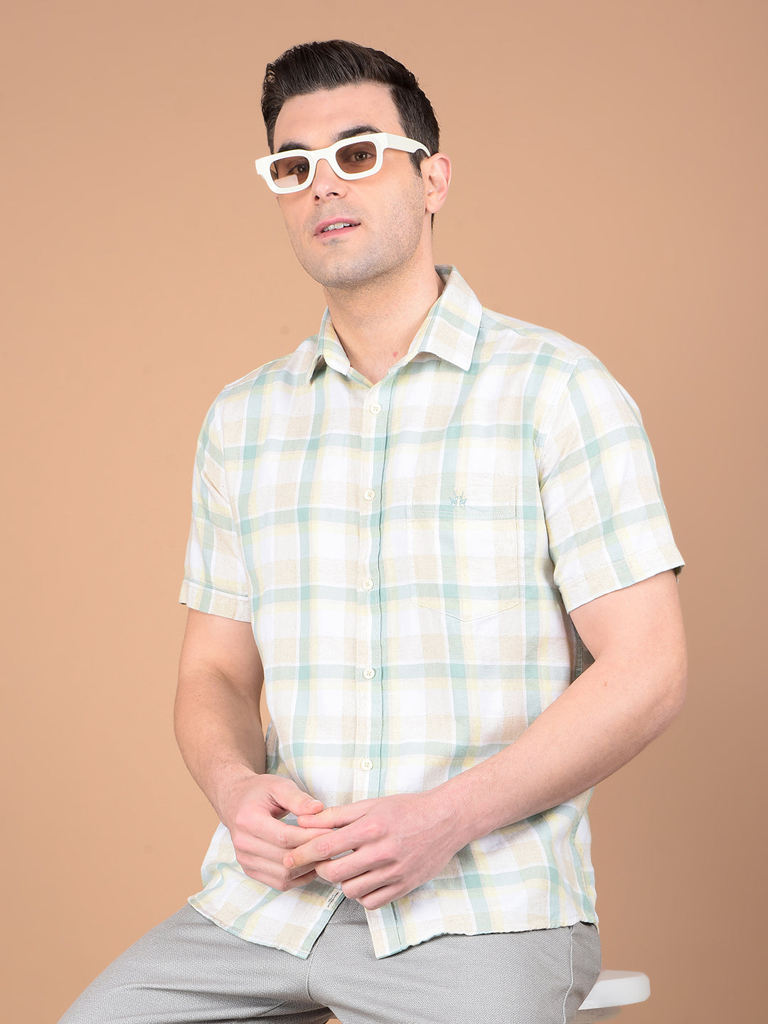 Green Checked Linen Shirt-Men Shirts-Crimsoune Club