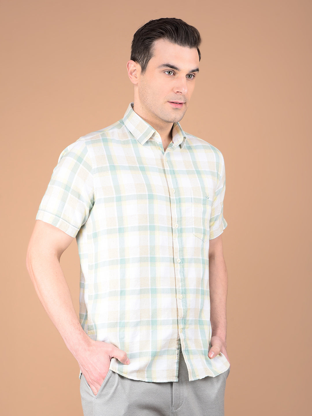 Green Checked Linen Shirt-Men Shirts-Crimsoune Club