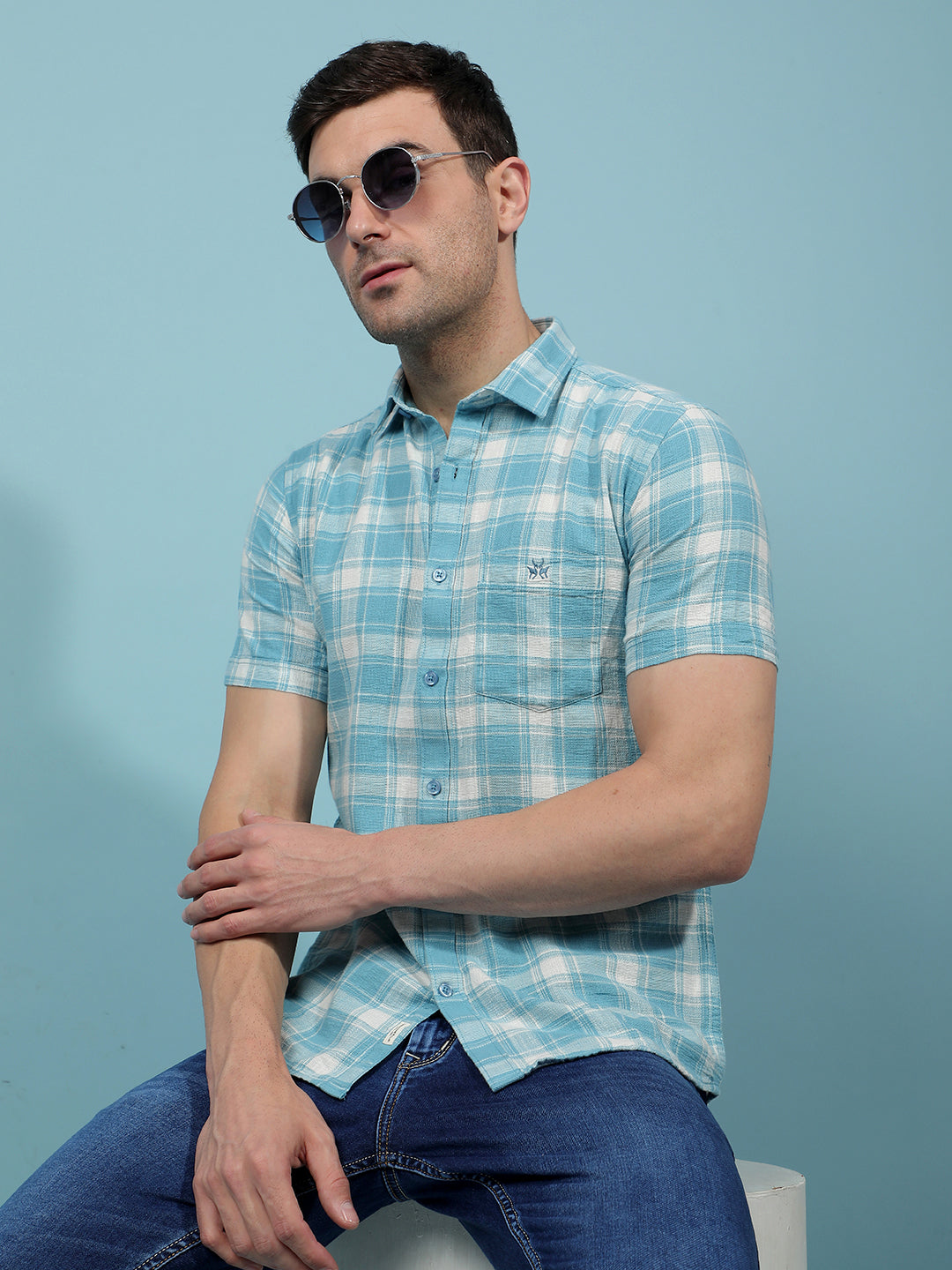 Teal Green Checked 100% Cotton Shirt-Men Shirts-Crimsoune Club