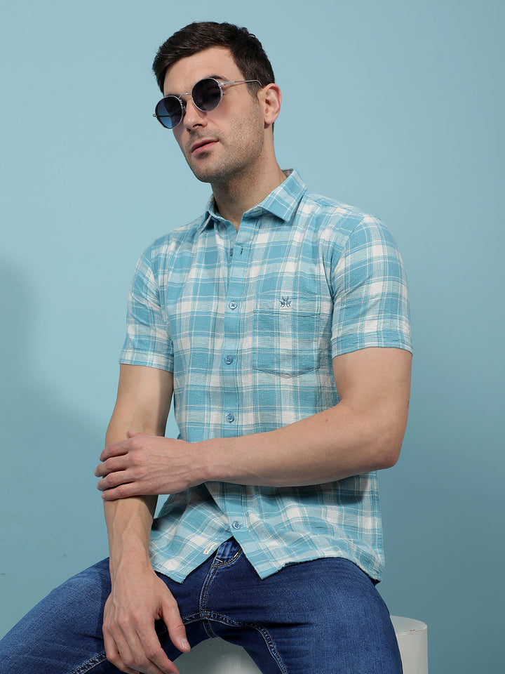 Teal Green Checked 100% Cotton Shirt-Men Shirts-Crimsoune Club