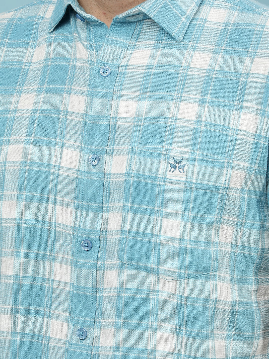 Teal Green Checked 100% Cotton Shirt-Men Shirts-Crimsoune Club