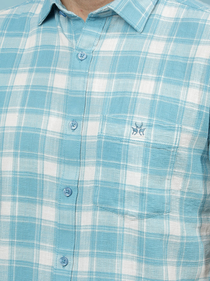 Teal Green Checked 100% Cotton Shirt-Men Shirts-Crimsoune Club