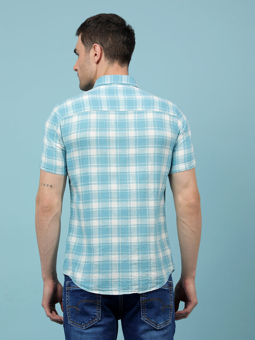 Teal Green Checked 100% Cotton Shirt-Men Shirts-Crimsoune Club