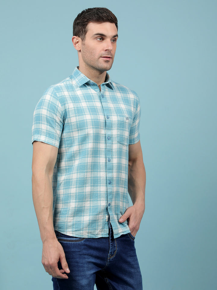Teal Green Checked 100% Cotton Shirt-Men Shirts-Crimsoune Club