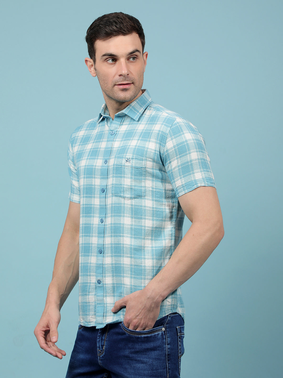 Teal Green Checked 100% Cotton Shirt-Men Shirts-Crimsoune Club