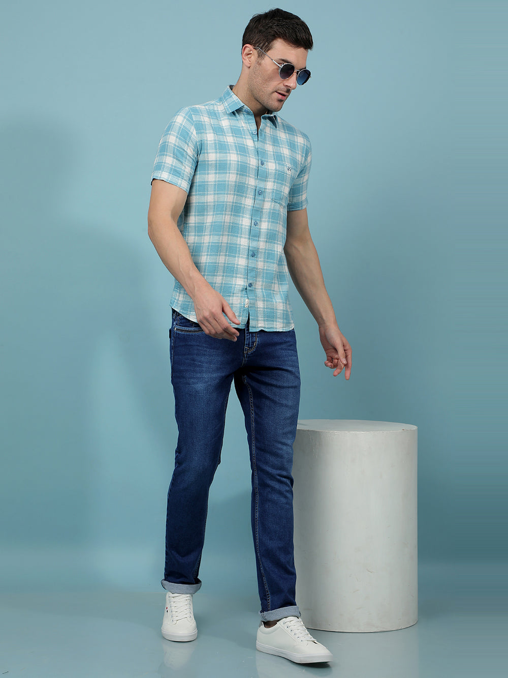 Teal Green Checked 100% Cotton Shirt-Men Shirts-Crimsoune Club