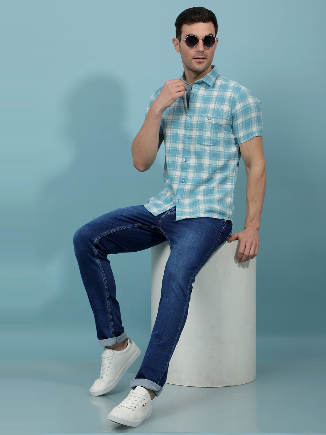 Teal Green Checked 100% Cotton Shirt-Men Shirts-Crimsoune Club