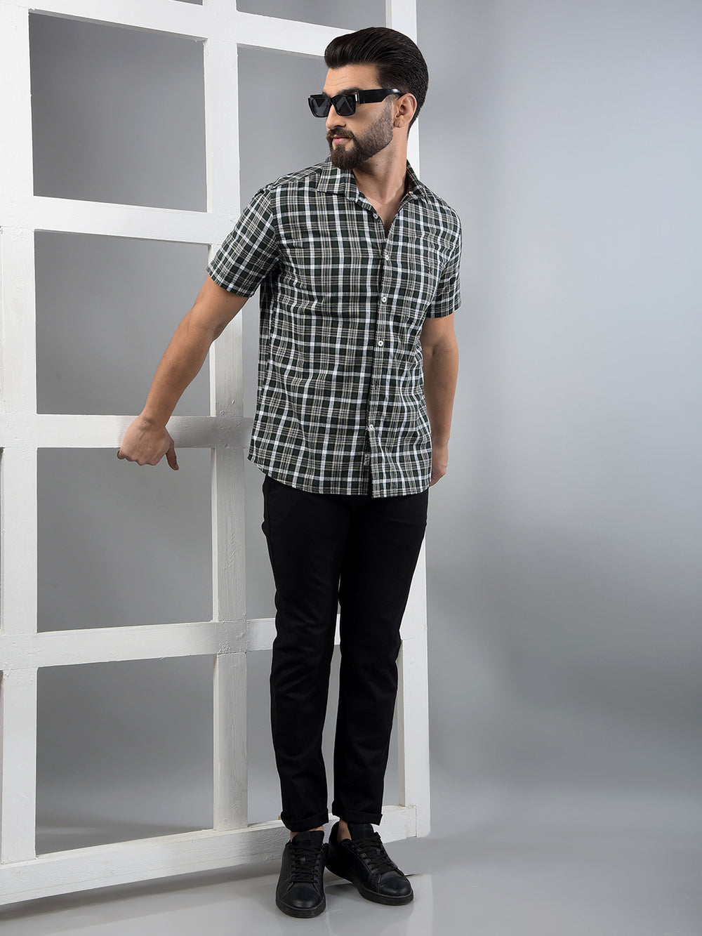 Olive Checked 100% Cotton Shirt-Men Shirts-Crimsoune Club
