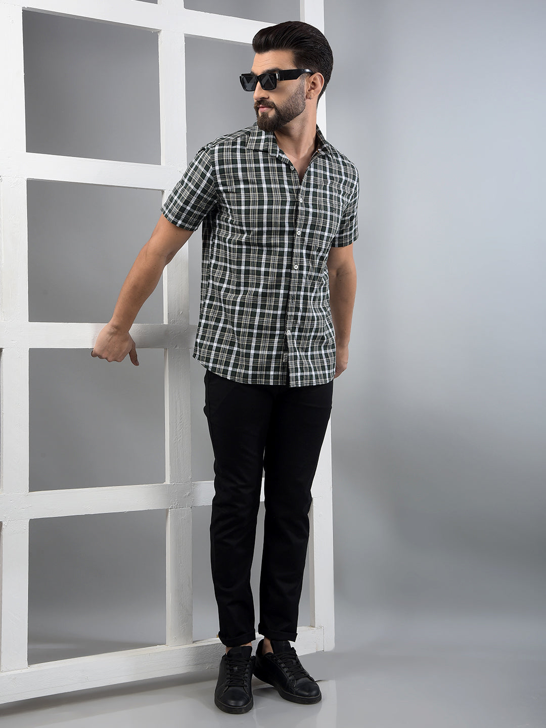 Olive Checked 100% Cotton Shirt-Men Shirts-Crimsoune Club