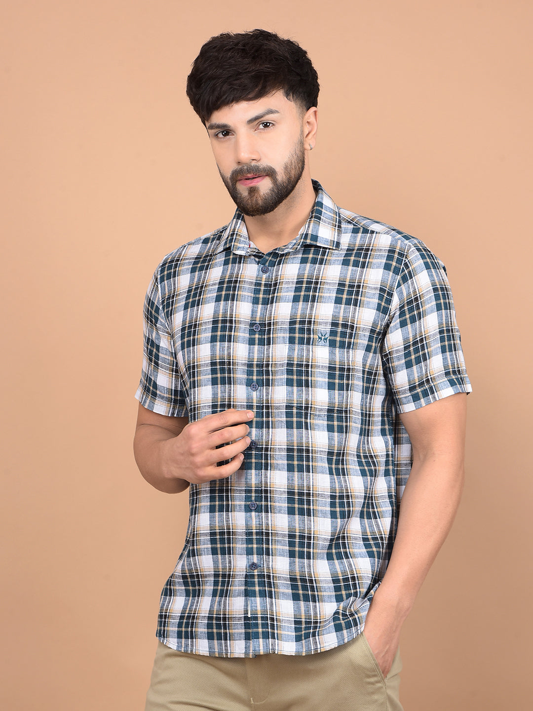 Green Checked Linen Shirt-Men Shirts-Crimsoune Club