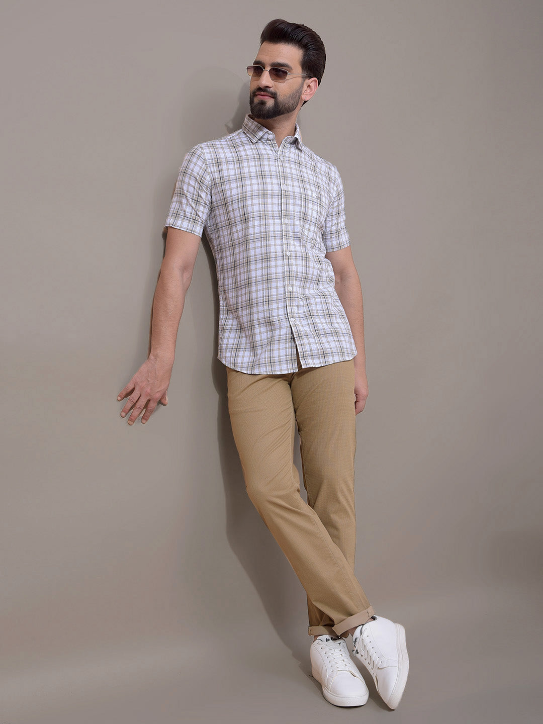 Beige Checked 100% Cotton Shirt-Men Shirts-Crimsoune Club