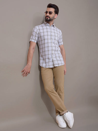 Beige Checked 100% Cotton Shirt-Men Shirts-Crimsoune Club