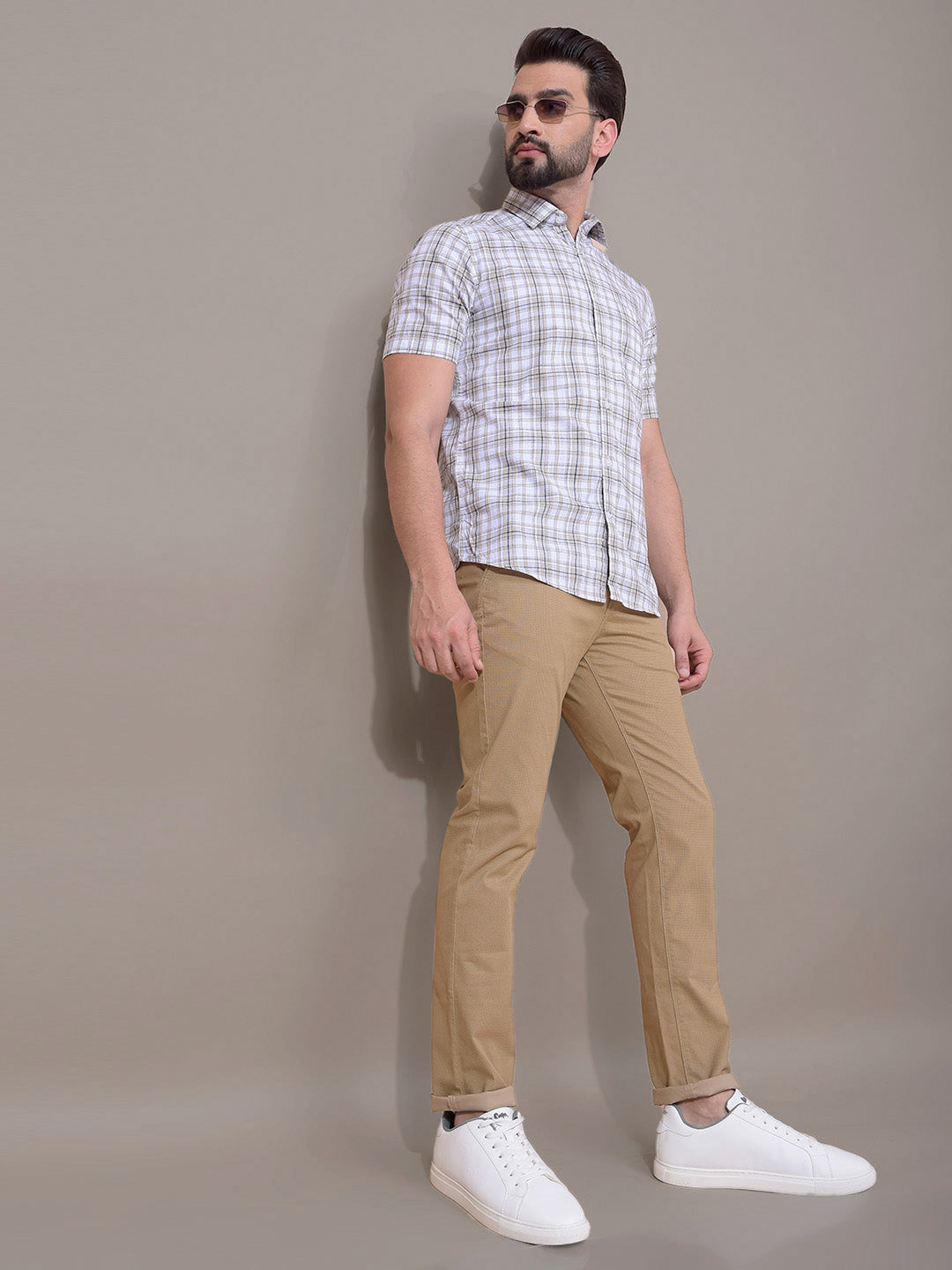 Beige Checked 100% Cotton Shirt-Men Shirts-Crimsoune Club