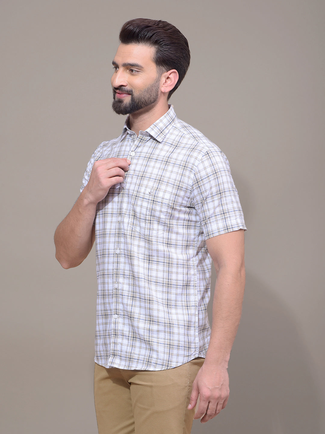 Beige Checked 100% Cotton Shirt-Men Shirts-Crimsoune Club
