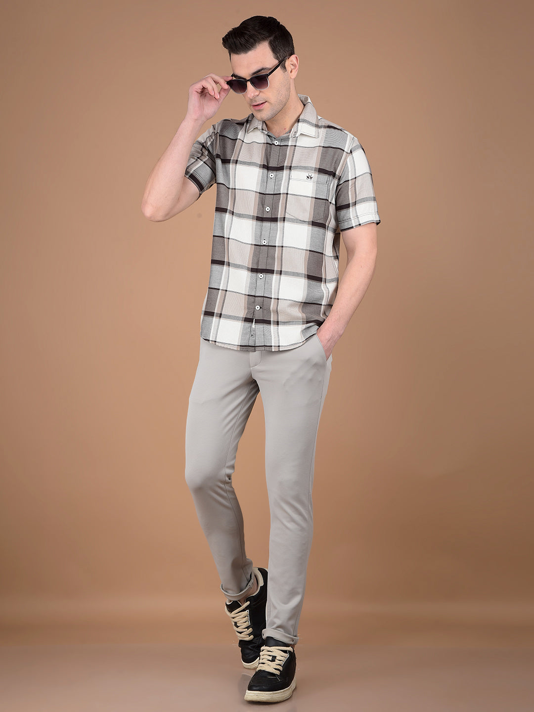 Brown Checked 100% Cotton Shirt-Men Shirts-Crimsoune Club