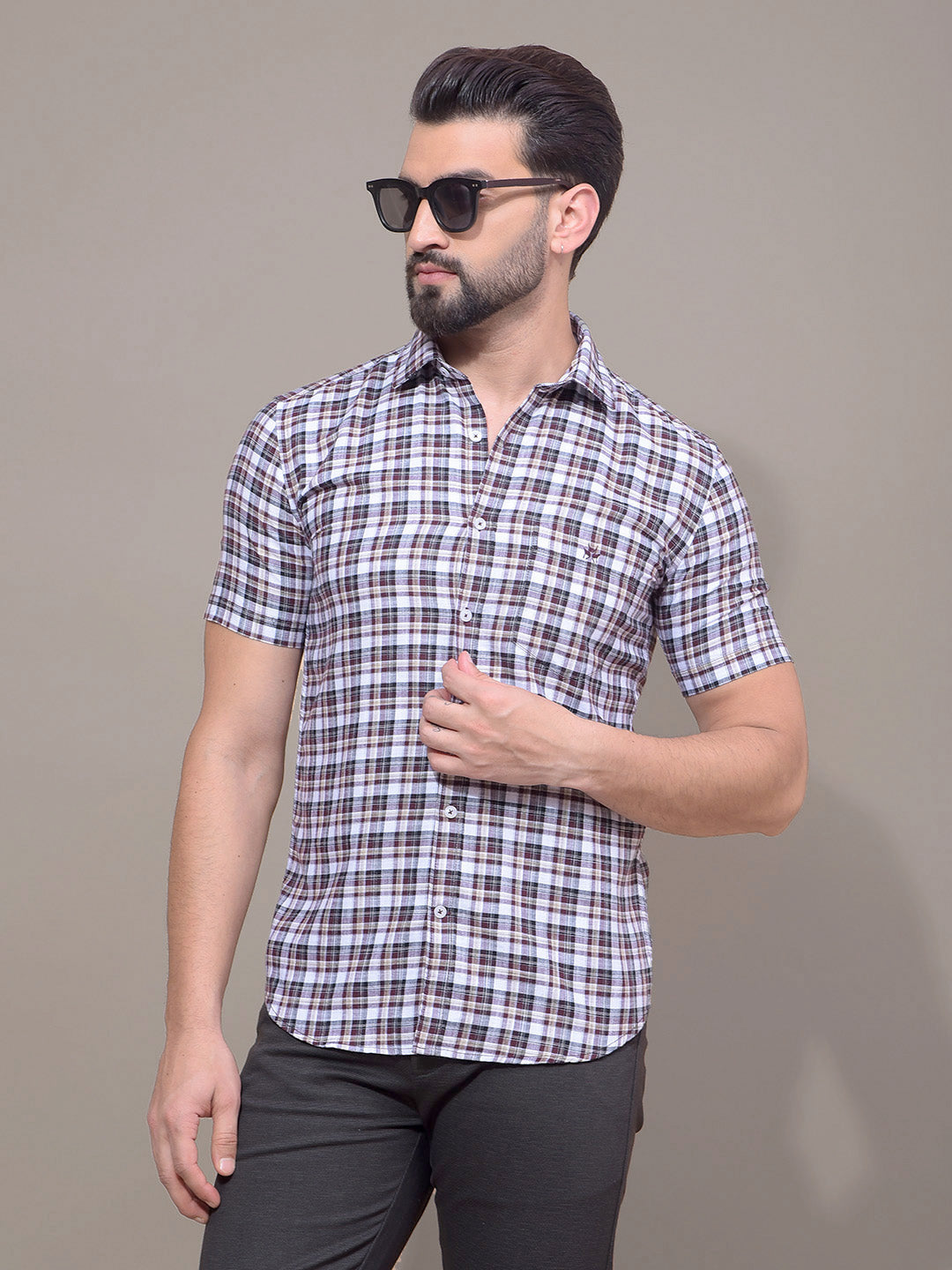 Brown Checked 100% Cotton Shirt-Men Shirts-Crimsoune Club