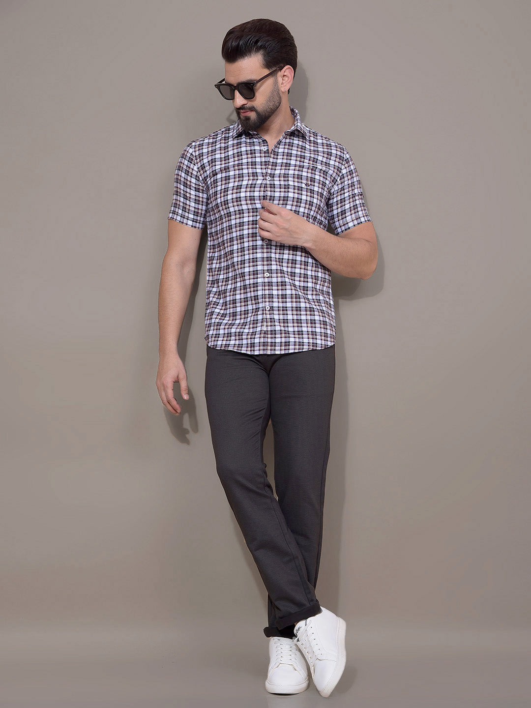 Brown Checked 100% Cotton Shirt-Men Shirts-Crimsoune Club
