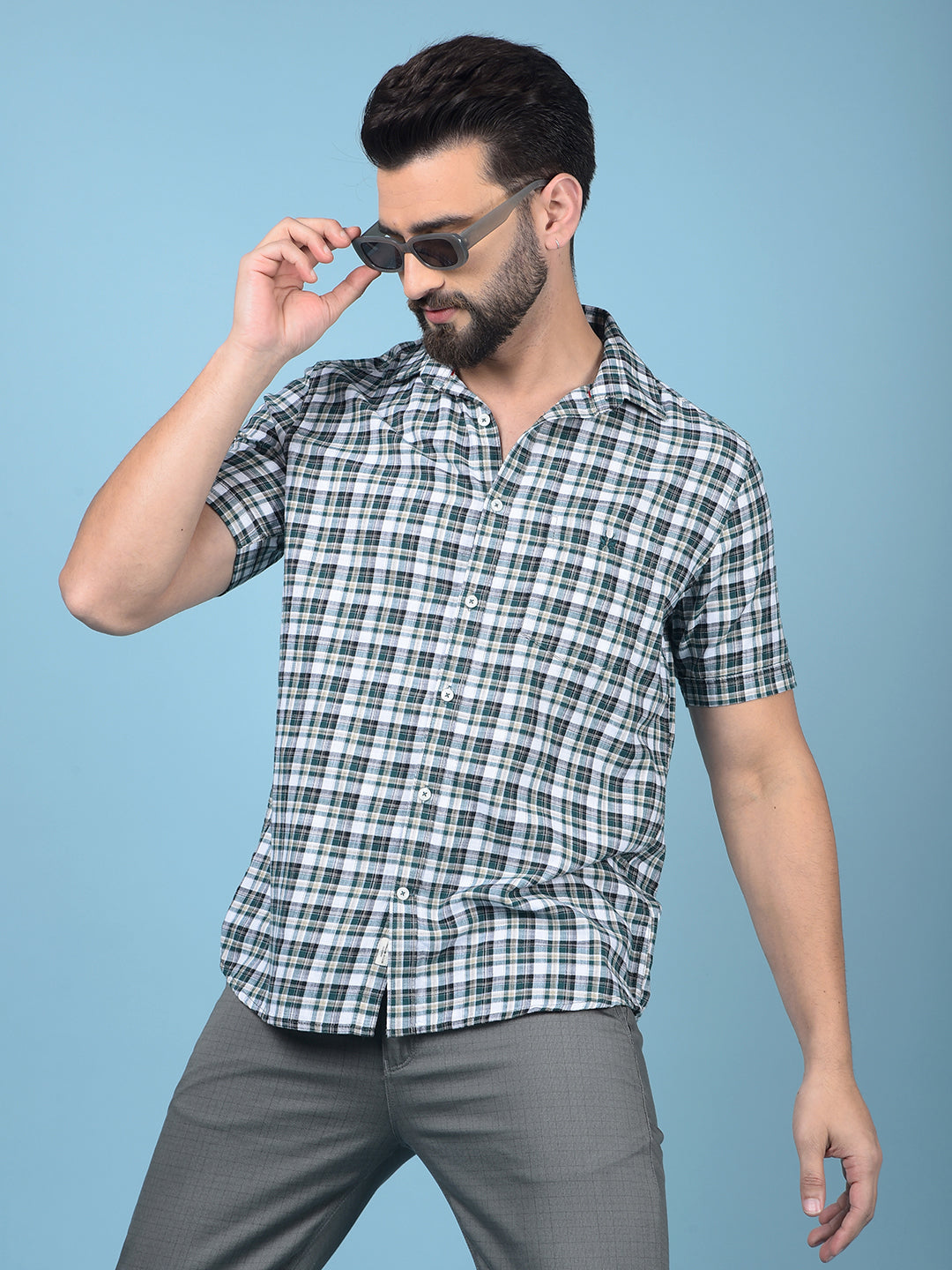 Green Checked 100% Cotton Shirt-Men Shirts-Crimsoune Club