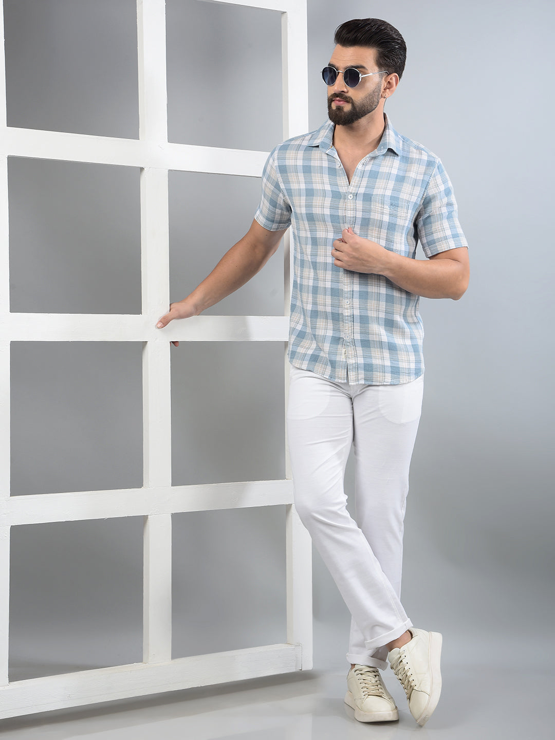 Blue Checked 100% Cotton Shirt-Men Shirts-Crimsoune Club