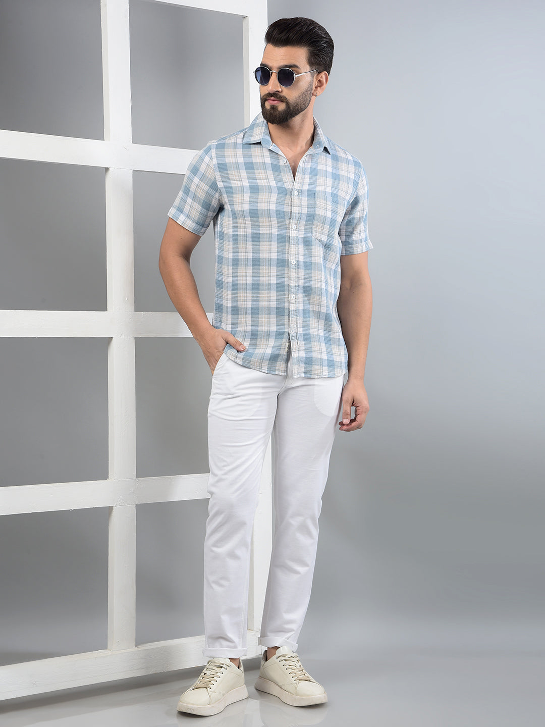 Blue Checked 100% Cotton Shirt-Men Shirts-Crimsoune Club