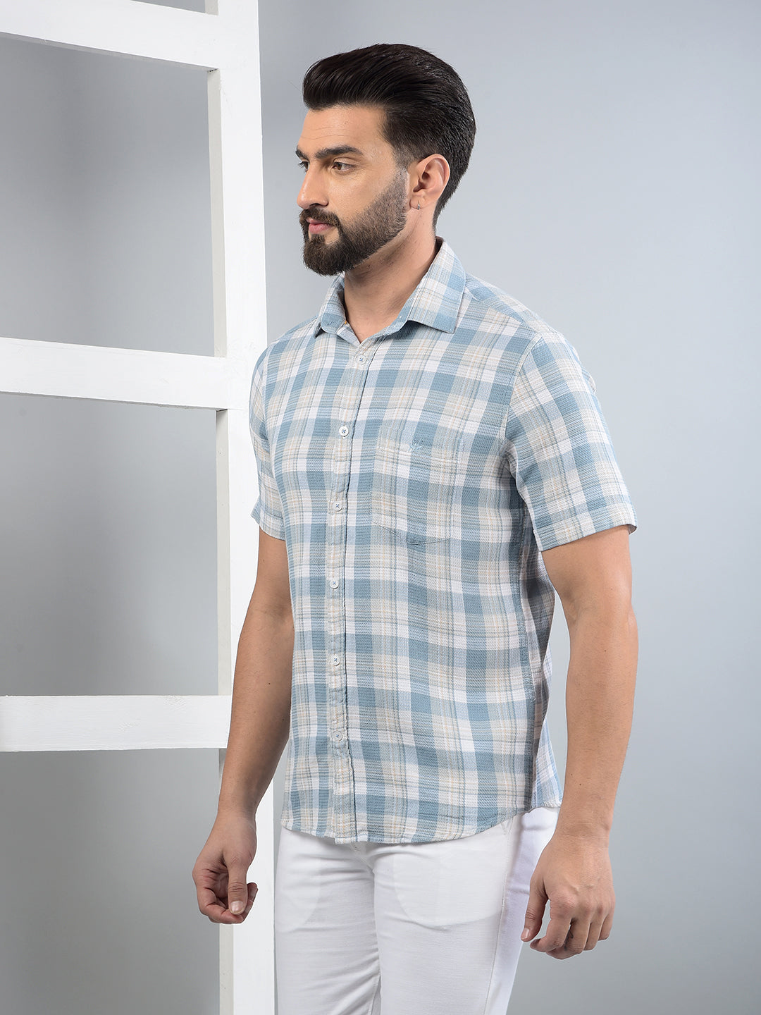 Blue Checked 100% Cotton Shirt-Men Shirts-Crimsoune Club