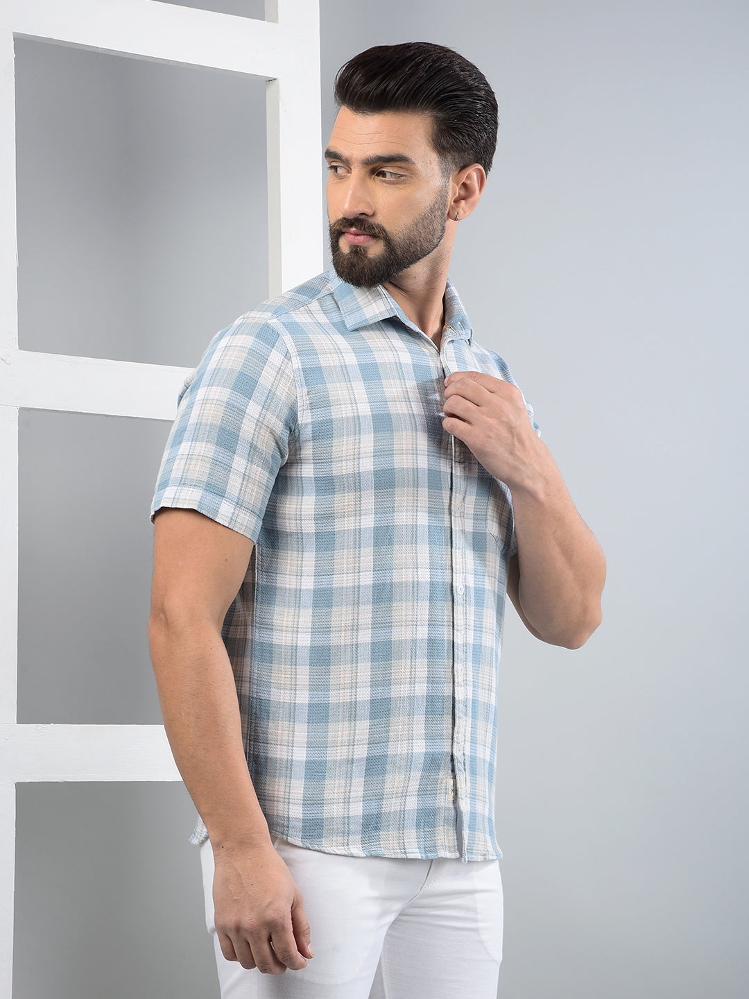 Blue Checked 100% Cotton Shirt-Men Shirts-Crimsoune Club