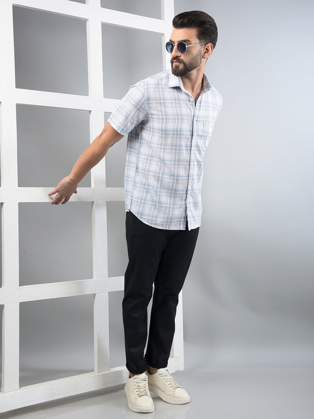 Blue Checked Linen Shirt-Men Shirts-Crimsoune Club