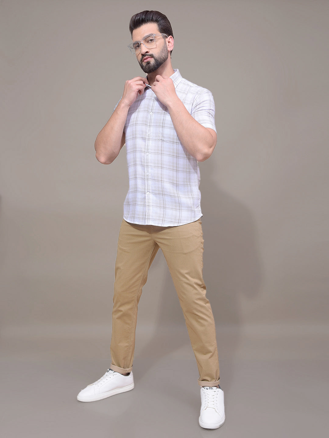 Olive Checked Linen Shirt-Men Shirts-Crimsoune Club