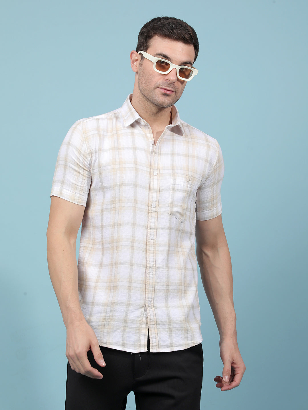 Beige Checked 100% Cotton Shirt-Men Shirts-Crimsoune Club