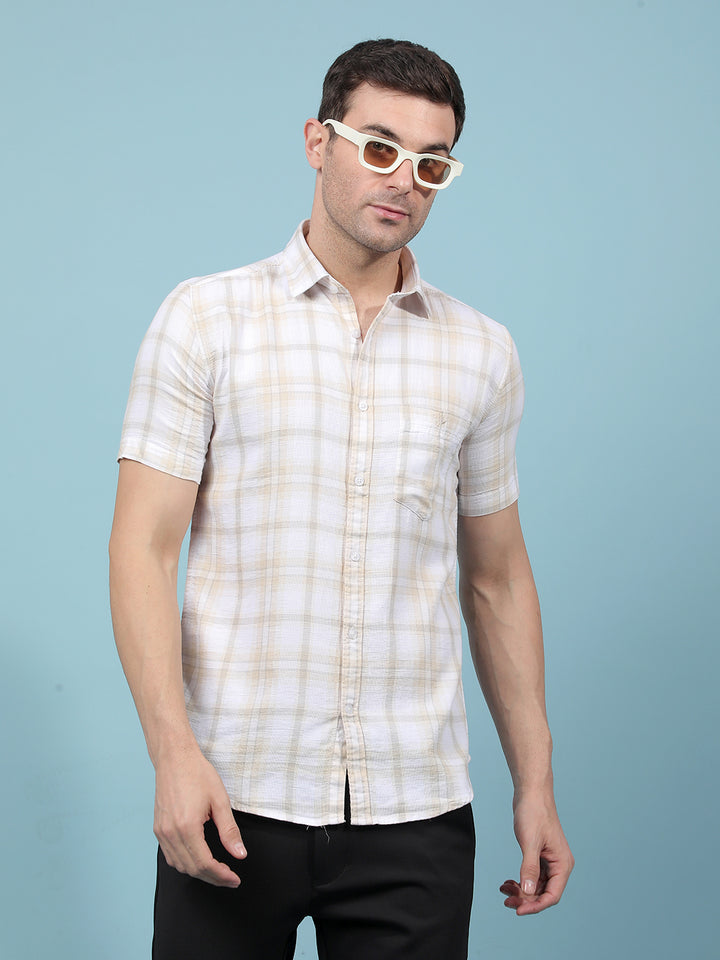 Beige Checked 100% Cotton Shirt-Men Shirts-Crimsoune Club