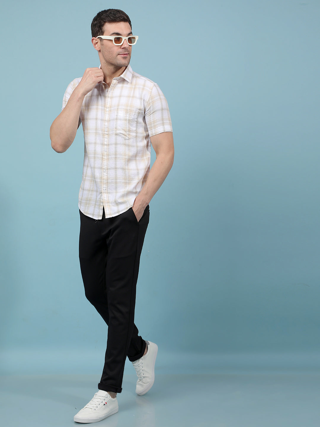Beige Checked 100% Cotton Shirt-Men Shirts-Crimsoune Club