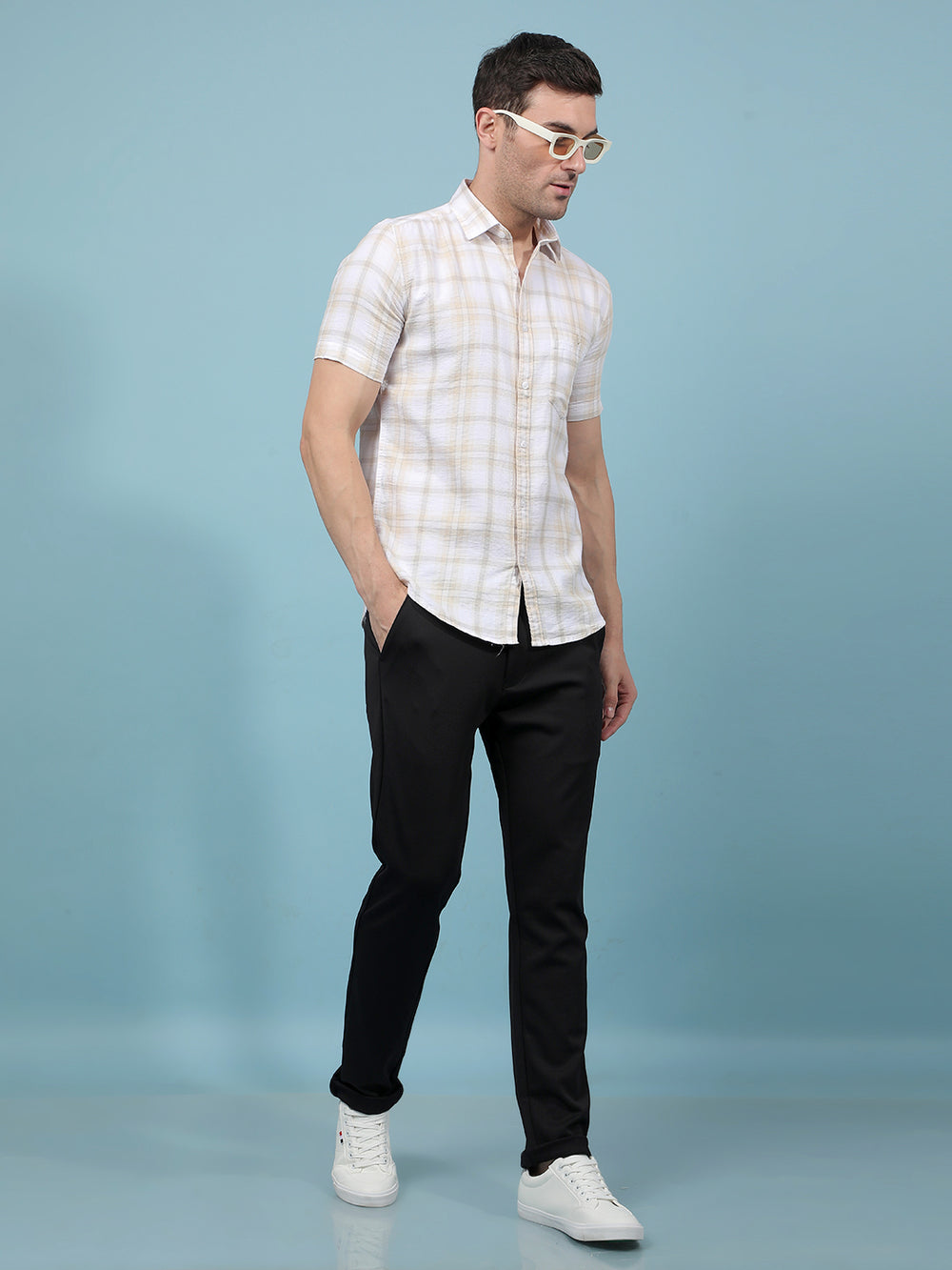 Beige Checked 100% Cotton Shirt-Men Shirts-Crimsoune Club