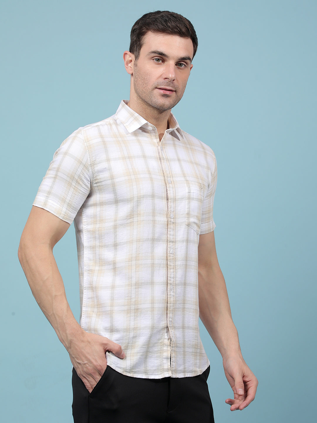 Beige Checked 100% Cotton Shirt-Men Shirts-Crimsoune Club