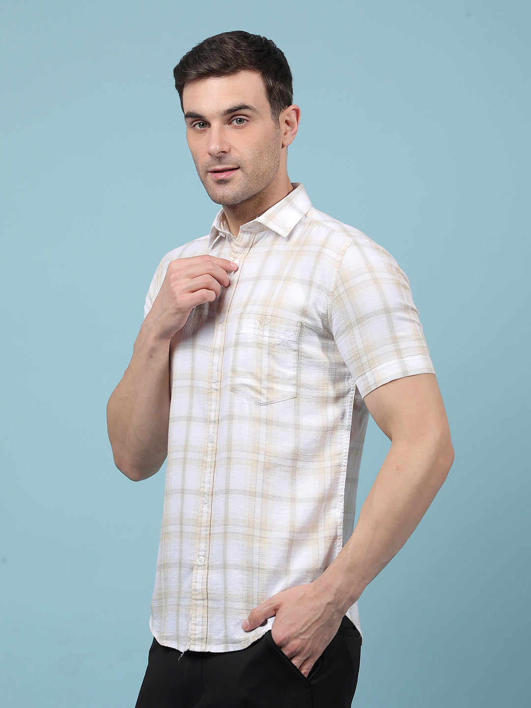 Beige Checked 100% Cotton Shirt-Men Shirts-Crimsoune Club