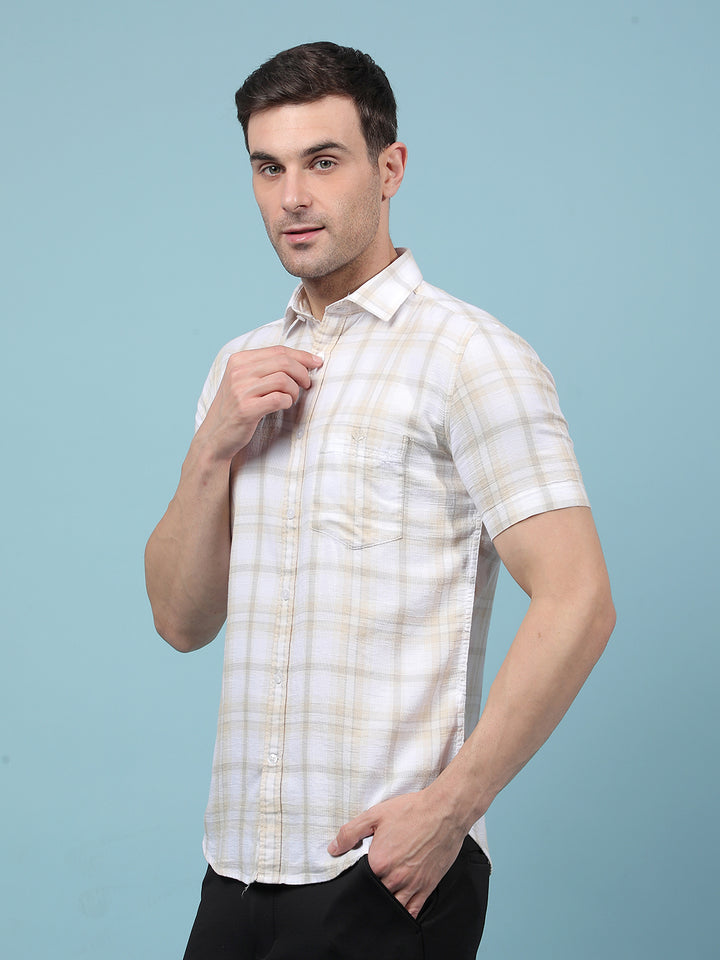 Beige Checked 100% Cotton Shirt-Men Shirts-Crimsoune Club