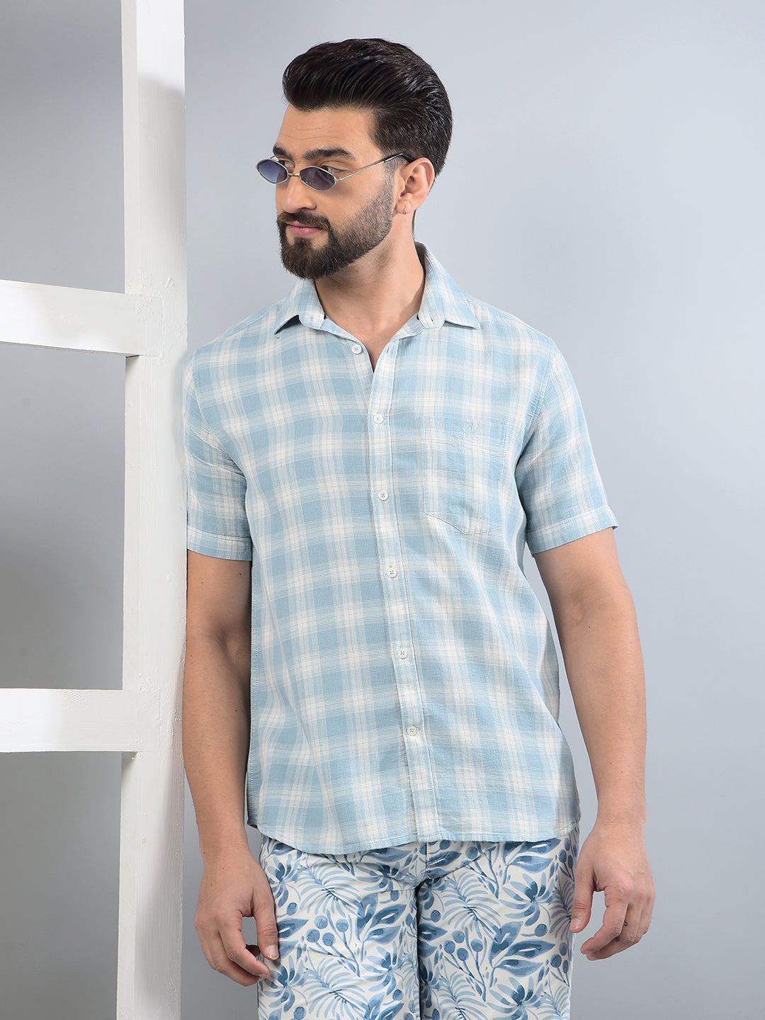 Blue Checked 100% Cotton Shirt-Men Shirts-Crimsoune Club