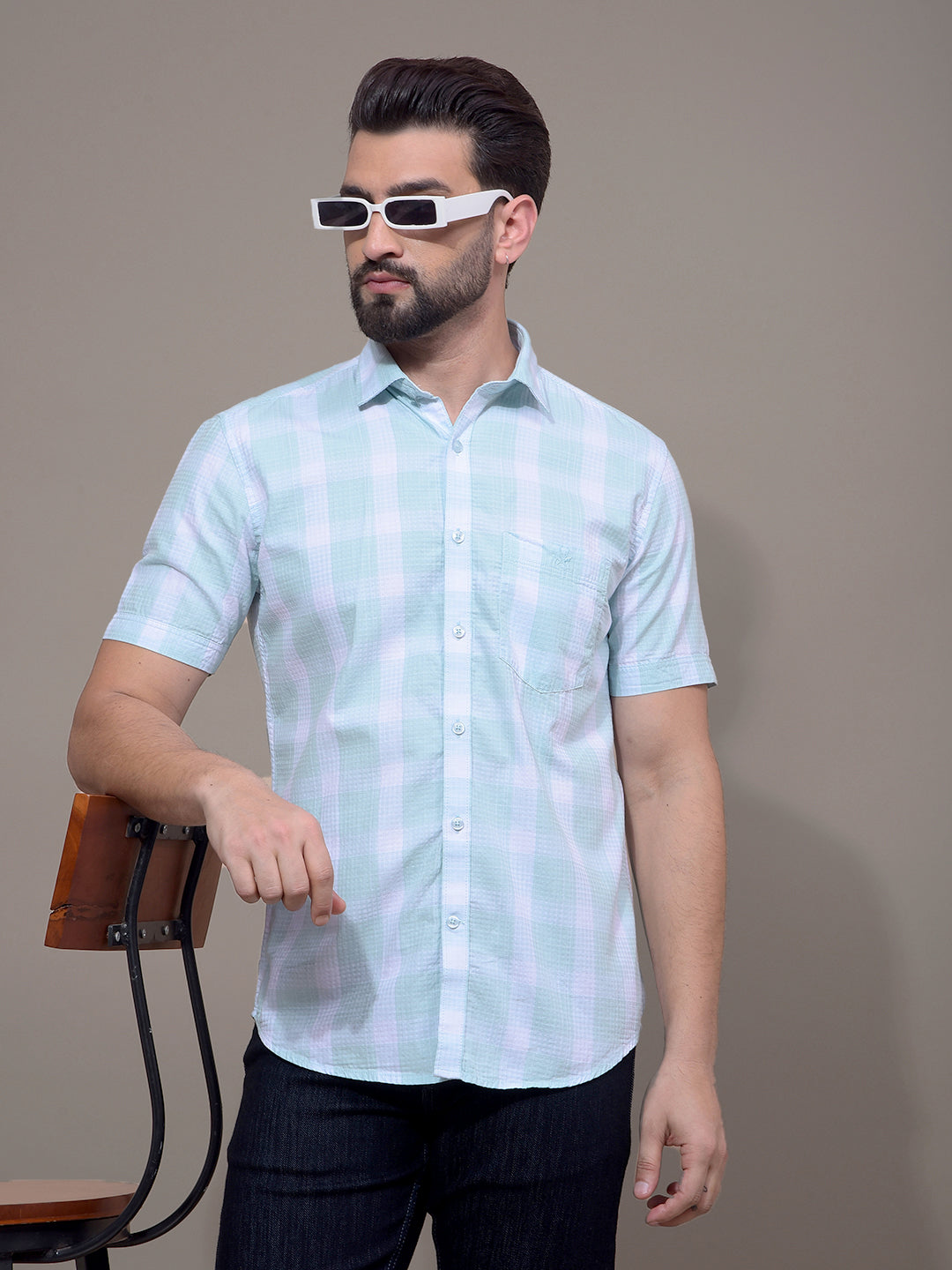 Green Checked 100% Cotton Shirt-Men Shirts-Crimsoune Club
