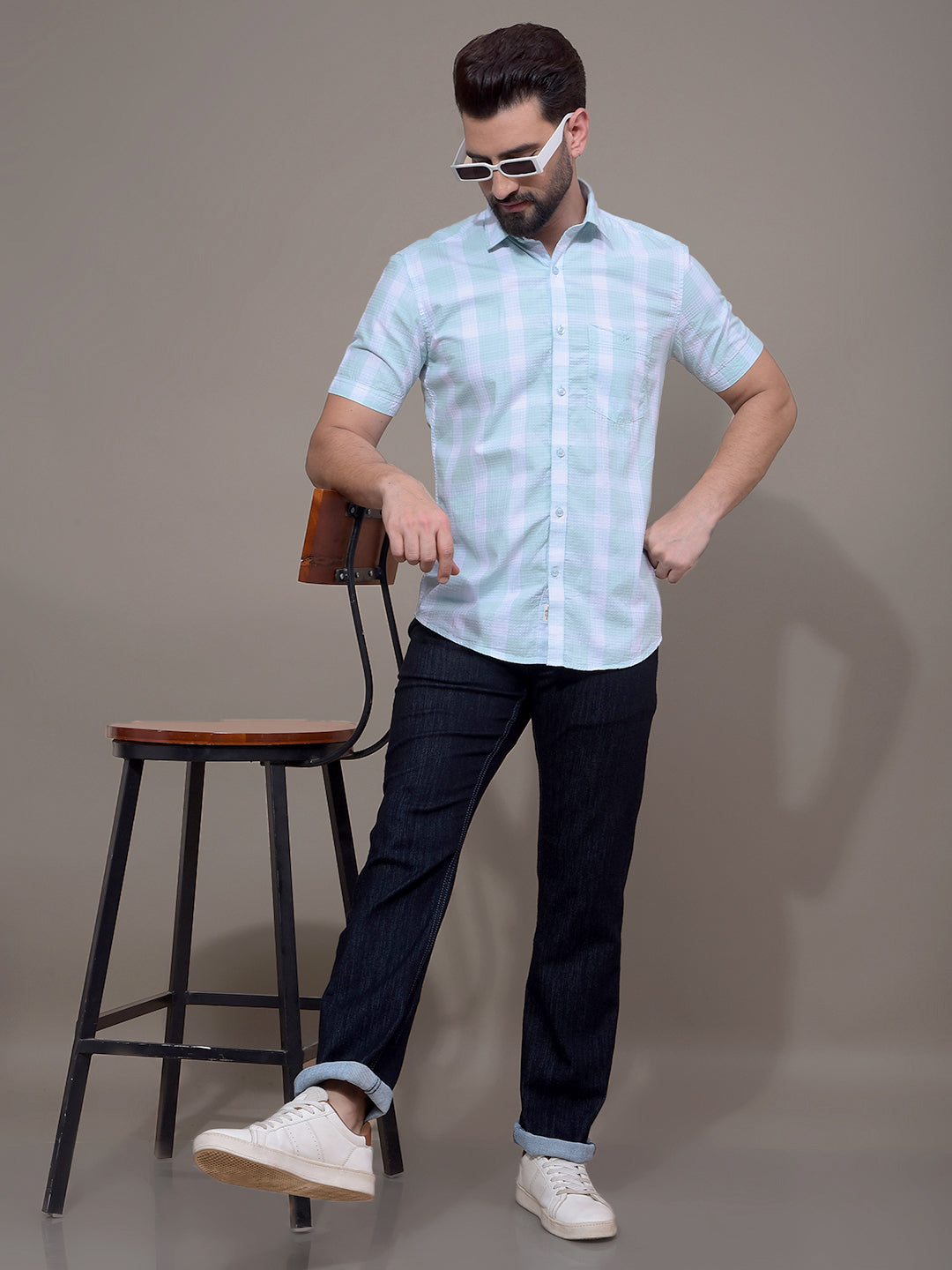 Green Checked 100% Cotton Shirt-Men Shirts-Crimsoune Club