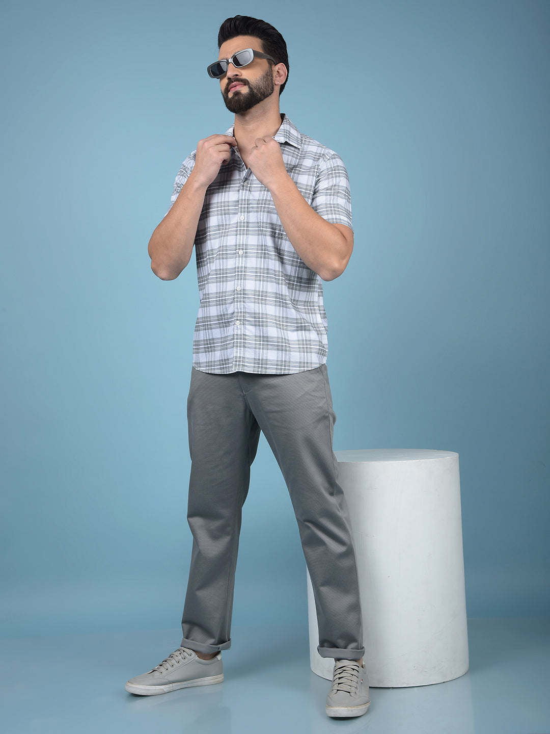 Grey Checked 100% Cotton Shirt-Men Shirts-Crimsoune Club