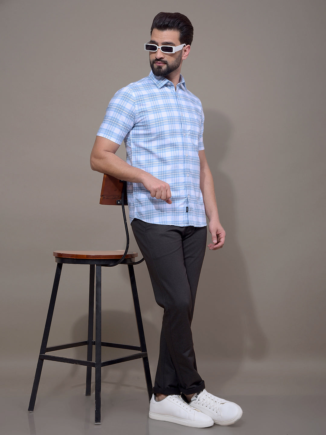 Blue Checked 100% Cotton Shirt-Men Shirts-Crimsoune Club