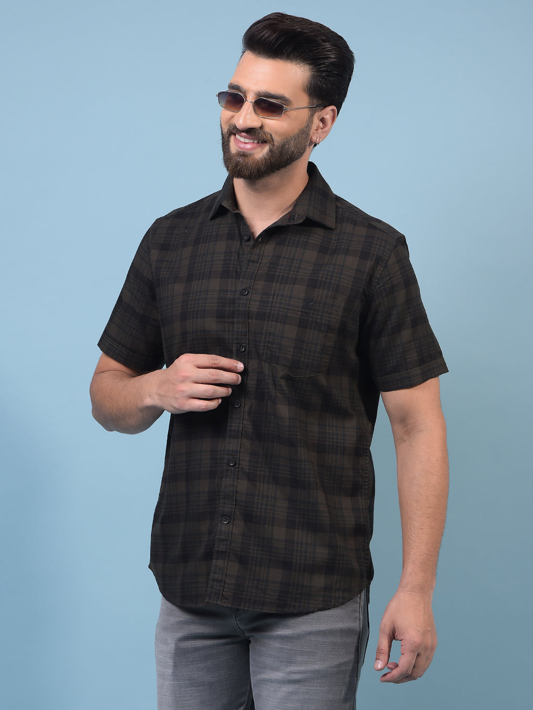 Men's Olive Checked 100% Cotton Shirt-Men Shirts-Crimsoune Club