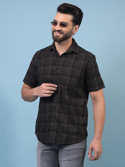 Men's Olive Checked 100% Cotton Shirt-Men Shirts-Crimsoune Club