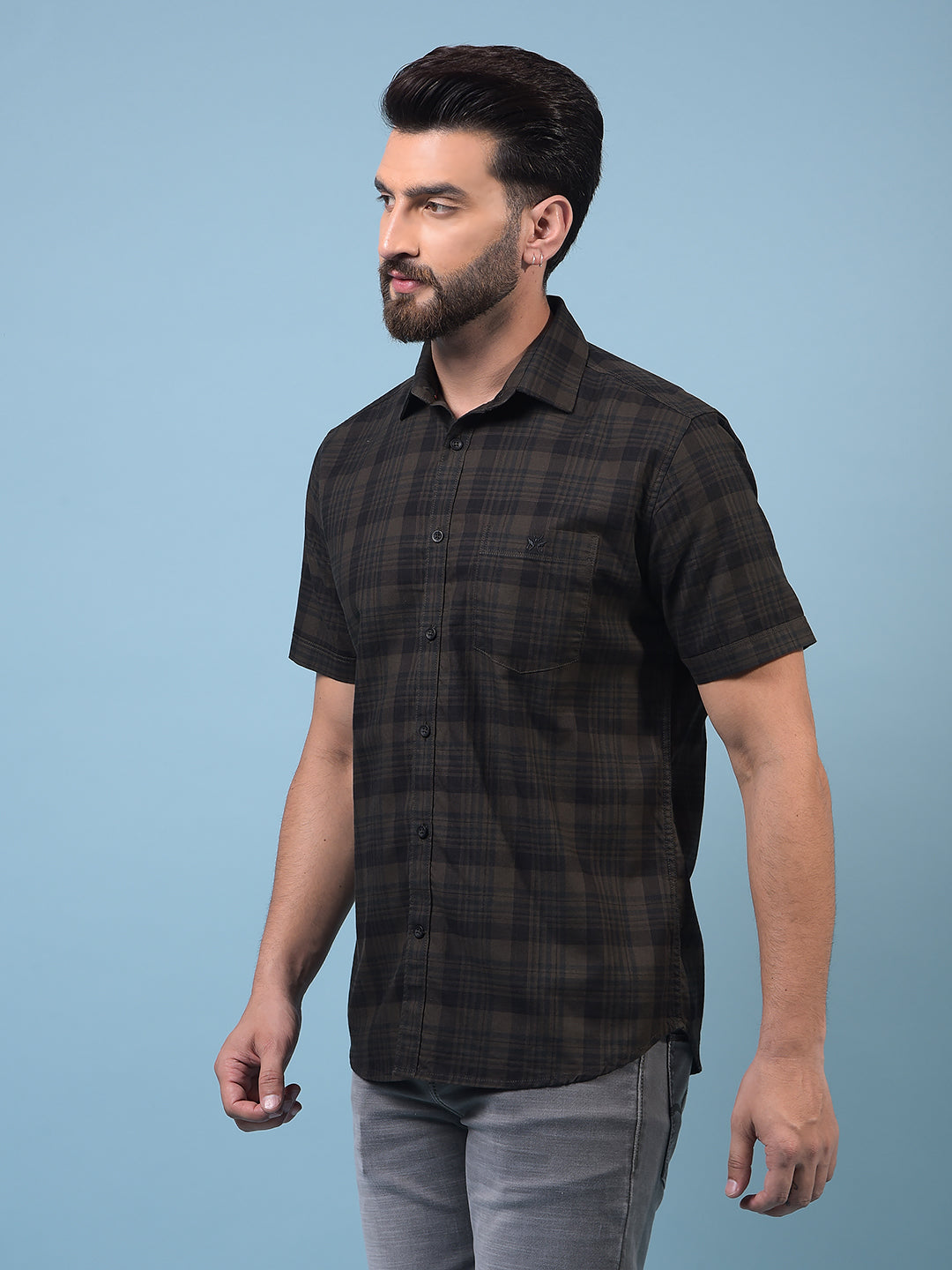 Men's Olive Checked 100% Cotton Shirt-Men Shirts-Crimsoune Club