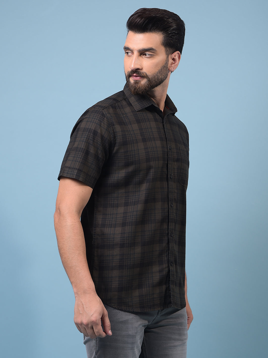 Men's Olive Checked 100% Cotton Shirt-Men Shirts-Crimsoune Club