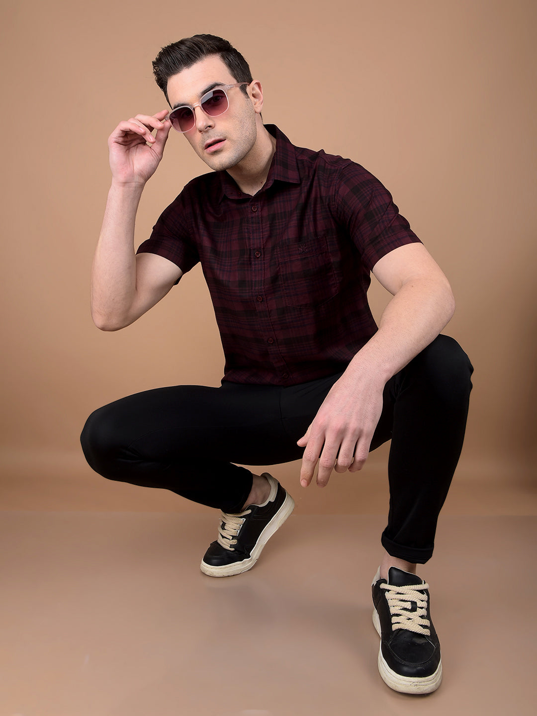 Maroon Checked 100% Cotton Shirt-Men Shirts-Crimsoune Club