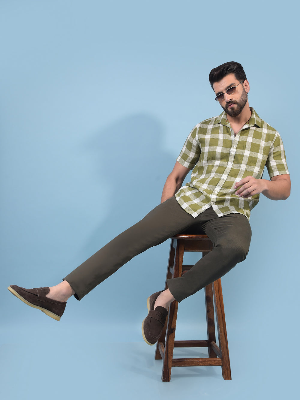 Men's Olive Checked 100% Linen Shirt-Men Shirts-Crimsoune Club