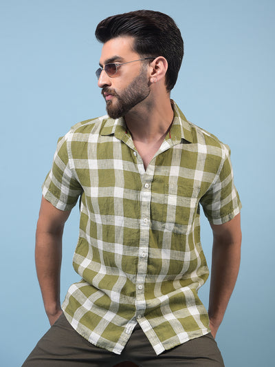 Men's Olive Checked 100% Linen Shirt-Men Shirts-Crimsoune Club